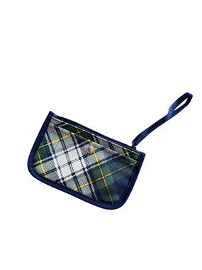 Plaid Wristlet Pouch Zip Top Snap Closure Navy Green Yellow
